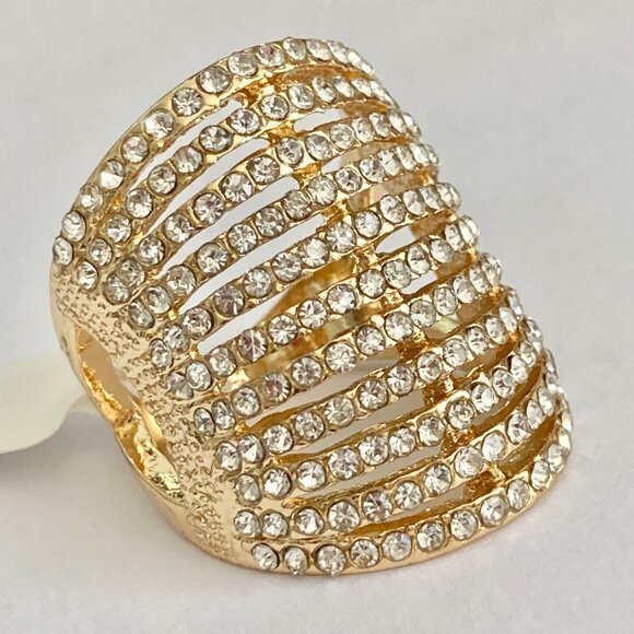 Deco Dome Cubic Zirconia Cocktail Ring Yellow Gold Plated Size 7 8 9 Statement - Picture 5 of 16